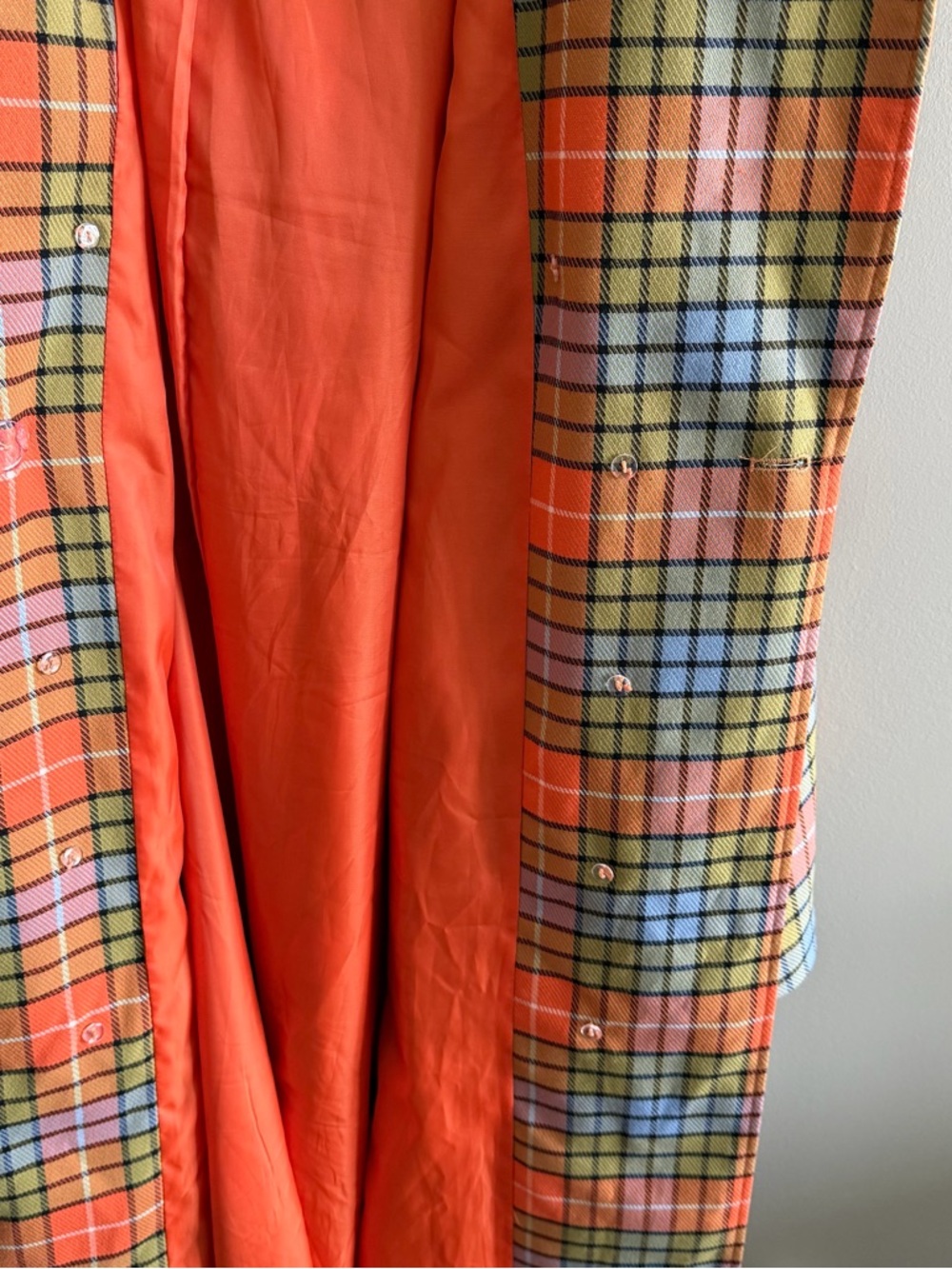 Hilary MacMillan Plaid Belted Trench Coat in Orange & Blue - Picture 12 of 16